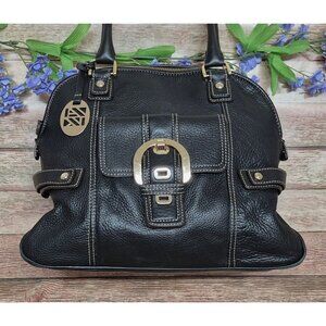 Anne Klein Black Pebble Leather Satchel Handbag Purse Gold Tone Hardware Buckle